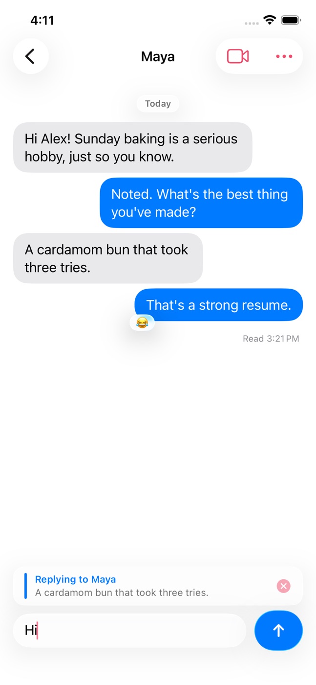 A Loloma chat with Maya about Sunday baking, with the video call button at the top.