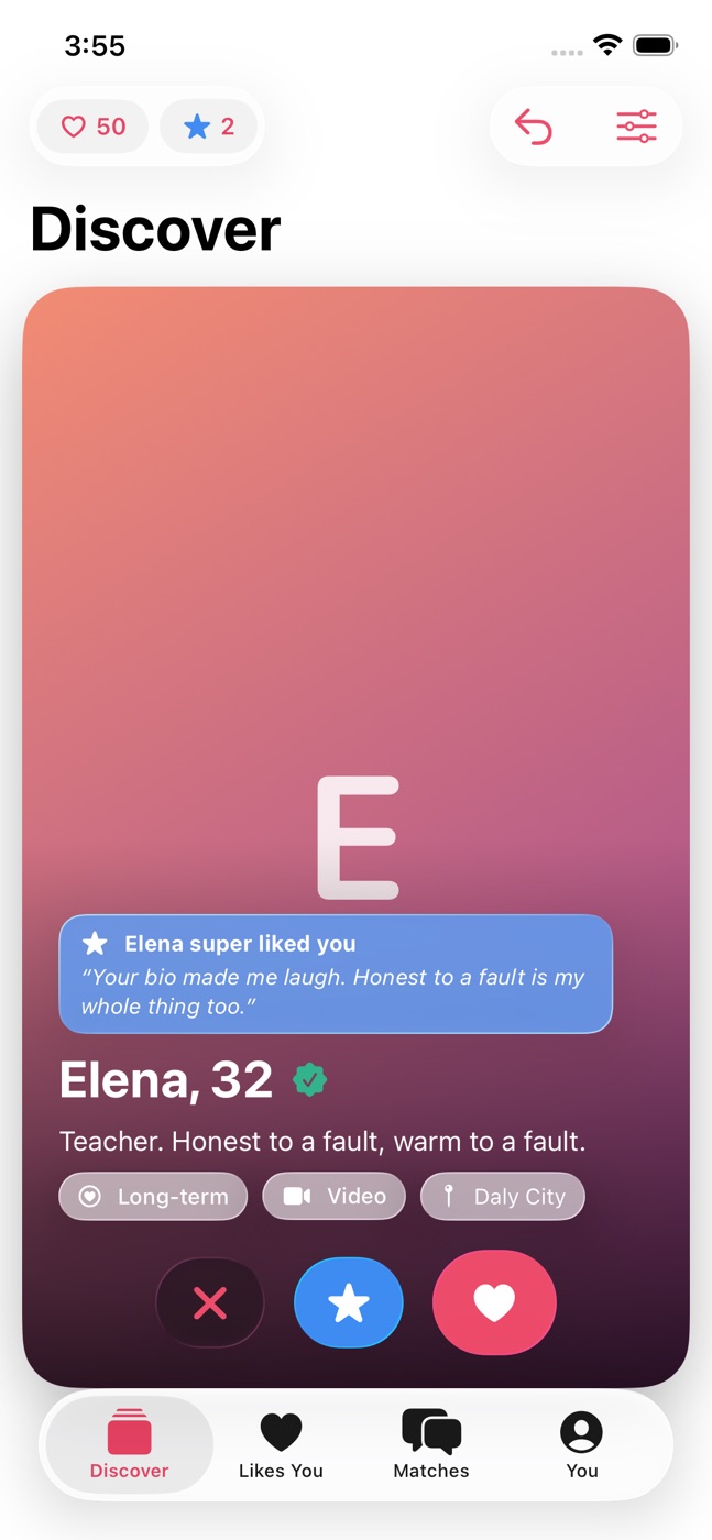 The Discover screen in Loloma: Elena, 32, verified, with pass, super like and like buttons.
