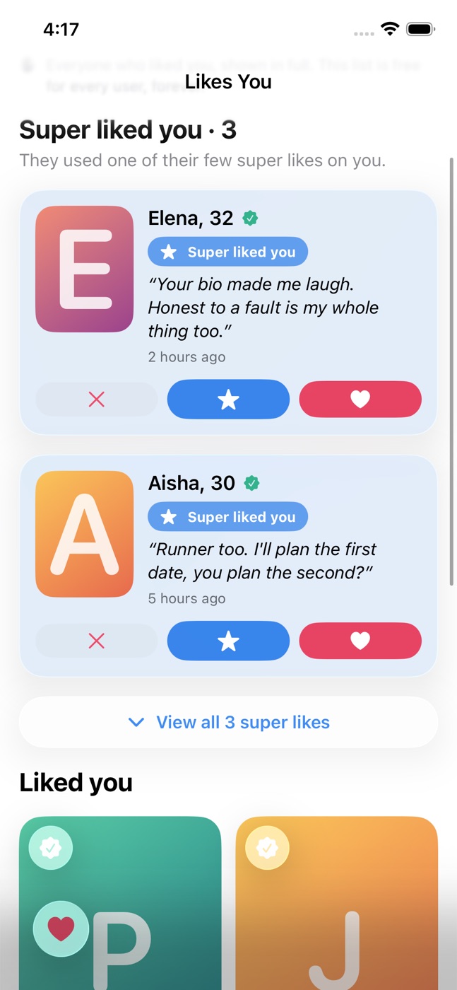 Likes You in Loloma: people who super liked you, with the notes they wrote.